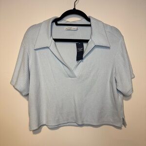 NWT ABERCROMBIE Baby Blue Short Sleeve Ribbed Knit Cropped Boxy Polo Sweater S